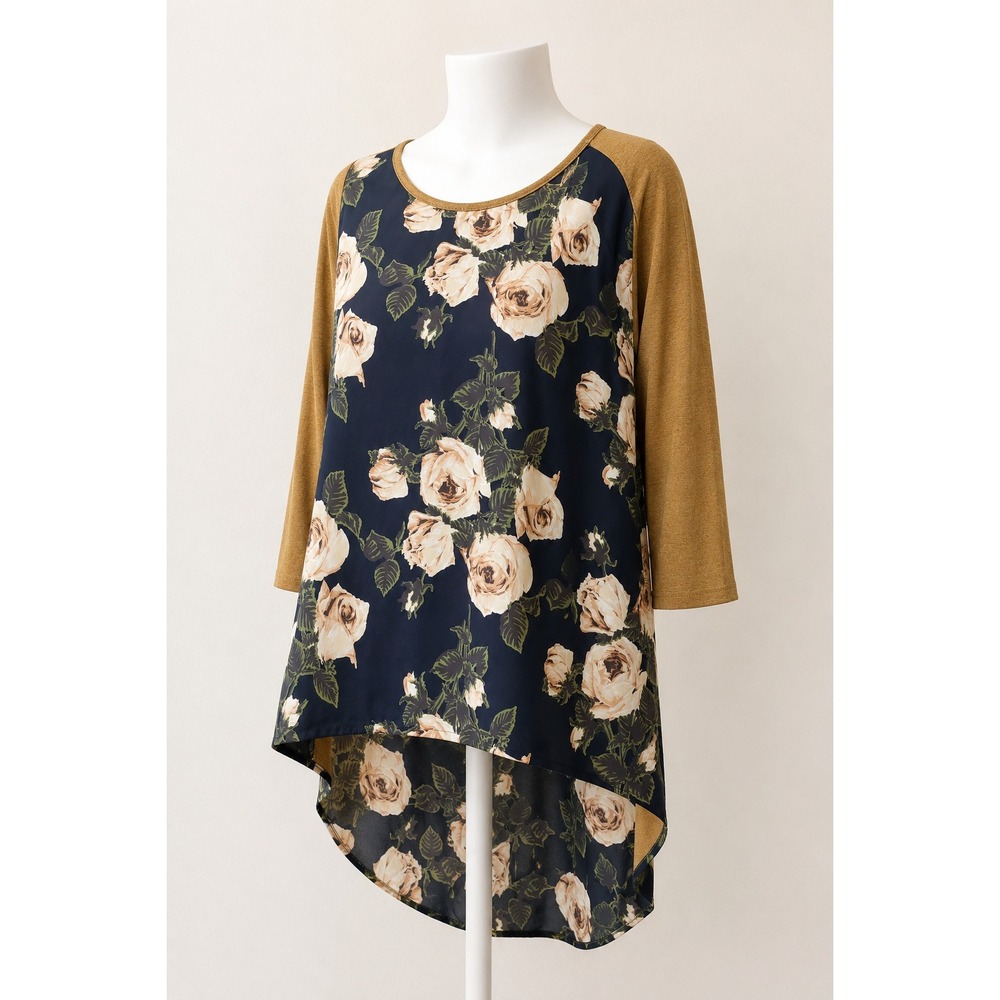 Le Lis Womens Floral Mixed Media Blouse Mustard Yellow Navy Blue Size M